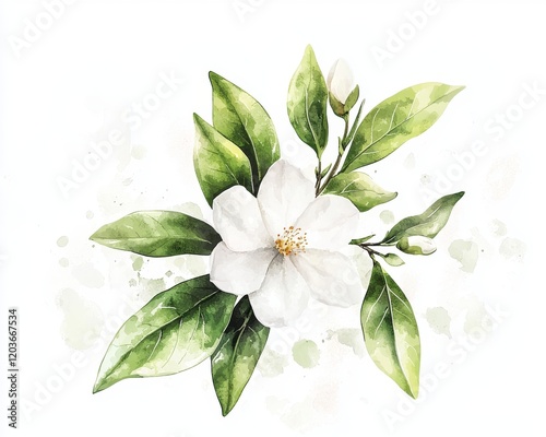 Tea leaves with flower watercolor illustration isolated on white background