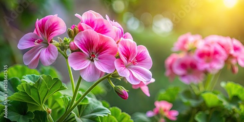 Captivating Branch of Pink Pelargonium Flowers in Natural Light â€“ Botanical Beauty, Nature Photography, Floral Close-Up, Garden Blooms, Vibrant Colors, Greenery, and More