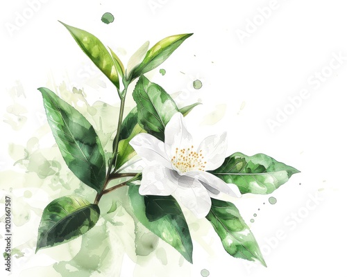 Tea leaves with flower watercolor illustration isolated on white background