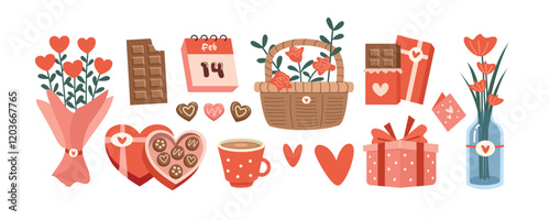 Valentine sticker collection. Clip art of valentine day. Set of valentine gift. Set of mother day gift. Anniversary gift. Coffee. Vase flower. Gift box. Chocolate box. Love letter. Bouquet flower. 