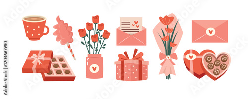 Set of valentine gift. Set of mother day gift. Anniversary gift. Coffee. Cotton candy. Vase flower. Gift box. Chocolate box. Love letter. Bouquet flower. 