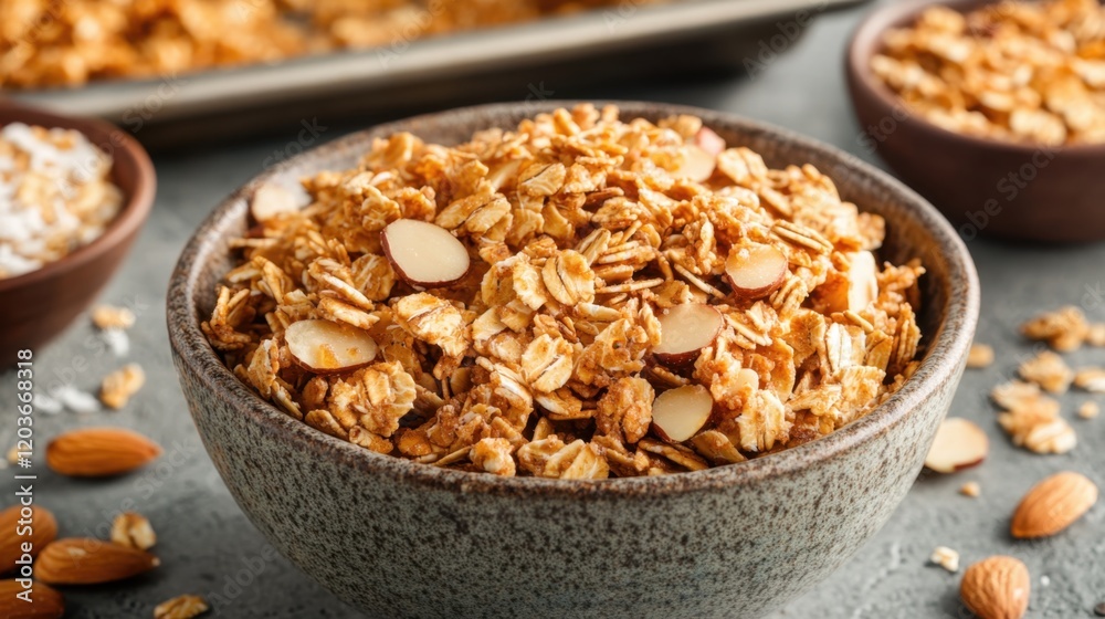 A close-up of a bowl filled with crunchy almond granola, surrounded by scattered oats and nuts, showcasing a healthy breakfast option. A close-up of a bowl filled with crunchy almond granola, surrounded by scattered oats and nuts, showcasing a healthy breakfast option.