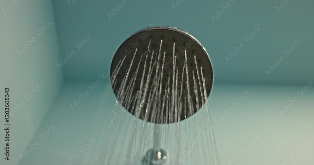 Modern shower head streaming water in bathroom