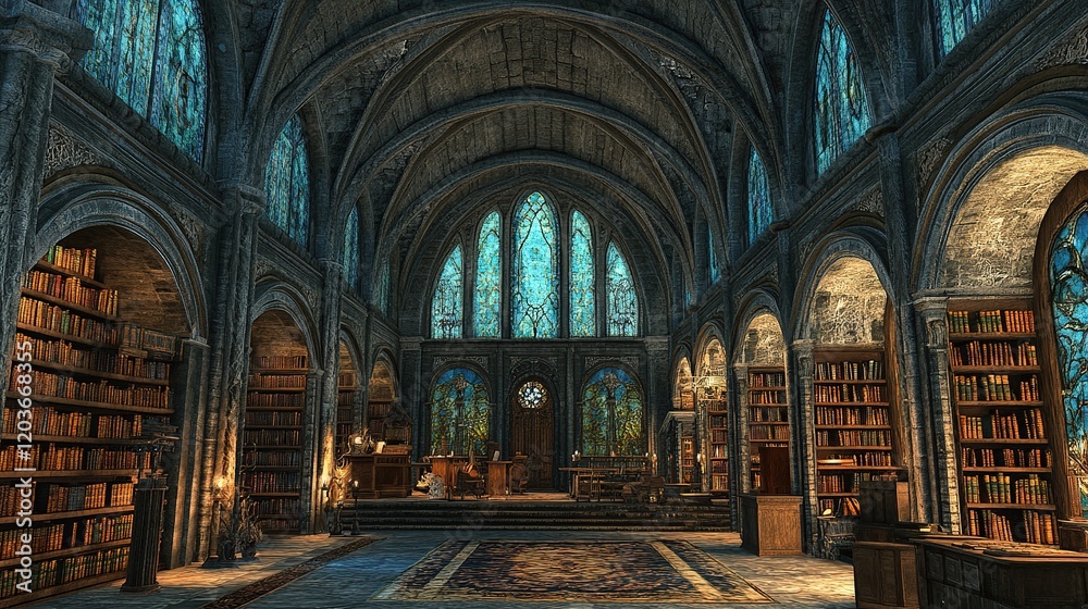 Fototapeta premium Exploring enchanted library architecture fantasy realm digital art serene atmosphere wide angle mystical knowledge