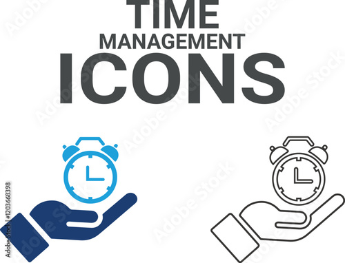 Time management icon. Timer, alarm, schedule, hourglass, clock icons. Solid icon collection.