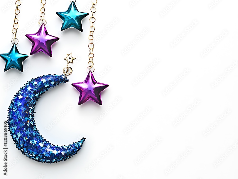 Glittering Crescent Moon and Stars Hanging Decor Glittering Crescent Moon and Stars Hanging Decor