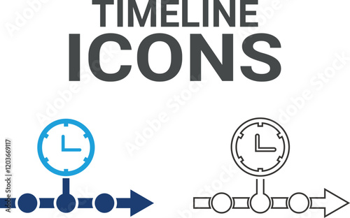 Timeline icon. Timer, alarm, schedule, hourglass, clock icons. Solid icon collection.