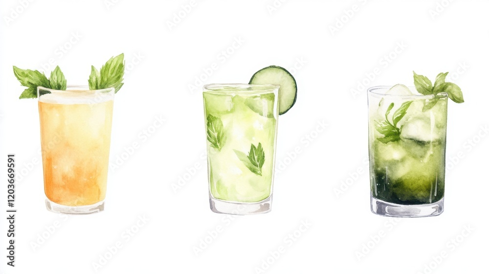 Three refreshing cocktails with mint, featuring vibrant colors and garnishes, perfect for summer sipping. Three refreshing cocktails with mint, featuring vibrant colors and garnishes, perfect for summer sipping.
