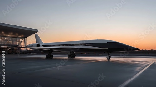 Sleek supersonic aircraft parked at a modern airport during sunset, showcasing advanced design
