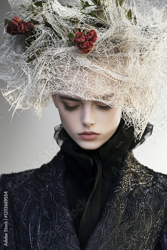 A young, pretty European woman with closed eyes, dressed in a stylish black jacket and a hat. A female model wearing makeup and an extravagant fashionable outfit with grief on her face