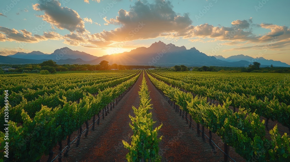 Fototapeta premium Breathtaking sunset over a vineyard with majestic mountains in the background, creating a serene and picturesque landscape