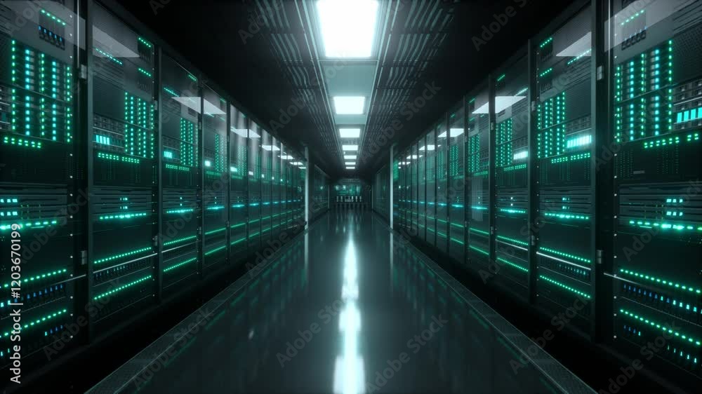 Inside Large Data Center. Advanced Cloud Computing Concept. Corridor With Server Racks And Cabinets Full Of Hard Drives