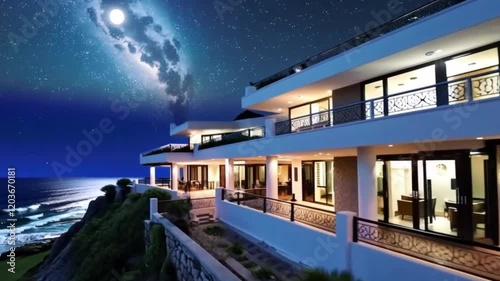 Luxury waterfront villas under a starry night sky, offering serene views of the ocean and ambient lighting.