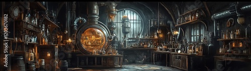 Exploring mysterious alchemy room enchanted laboratory digital art dark fantasy interior magic and science themes