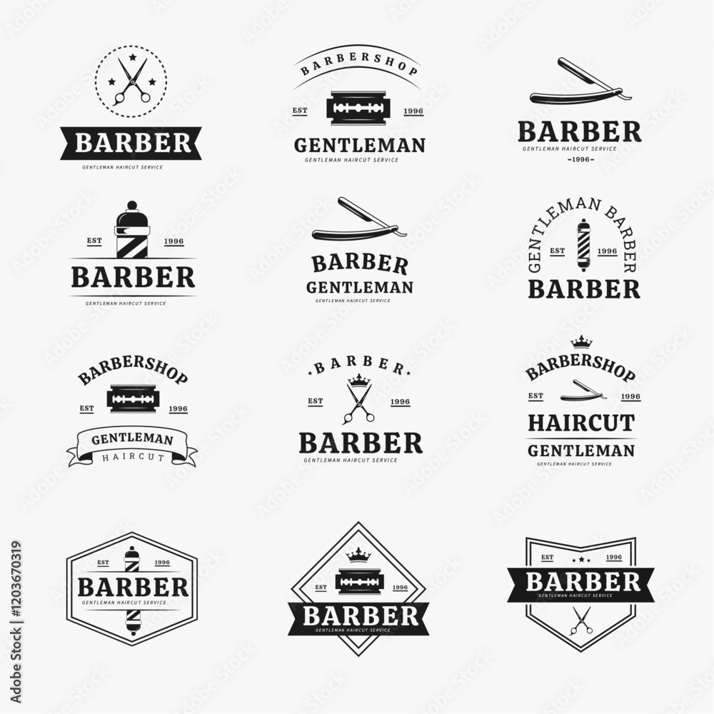 Obraz premium Design elements for barber shop, haircut's salon. Barber shop emblems templates. Vector illustration