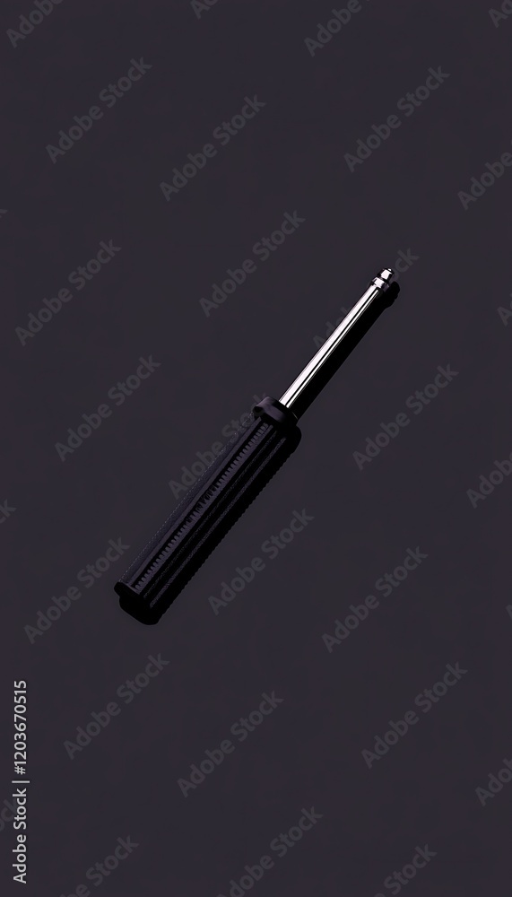 Close-up of a small, black, precision screwdriver on a dark surface. Close-up of a small, black, precision screwdriver on a dark surface.