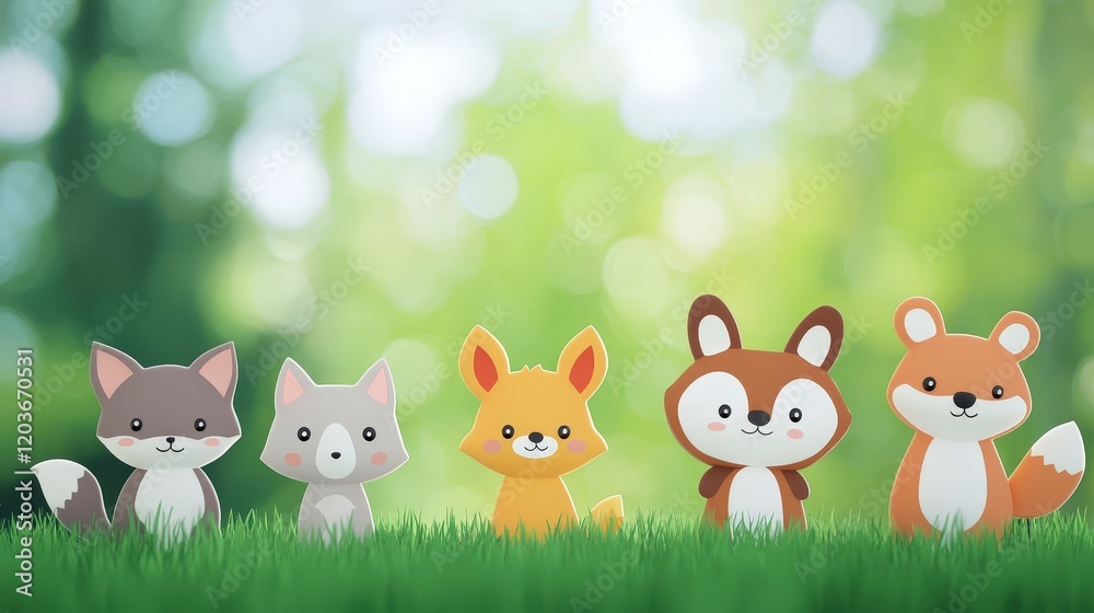 Naklejka premium Group of adorable baby animals playing in a grassy field during a sunny day in nature