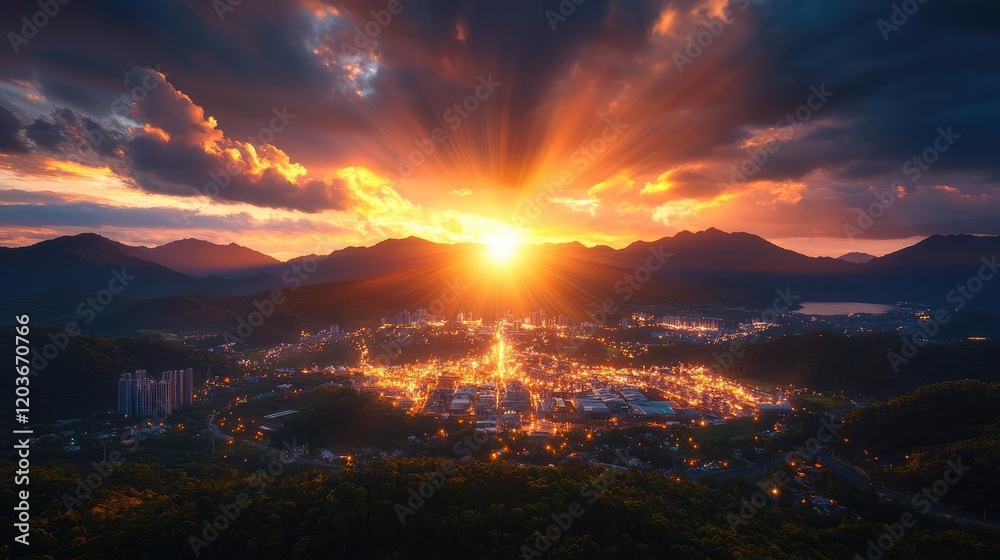 Fototapeta premium Sunset over city nestled in mountains, night lights glow. Stock photo for travel or landscape