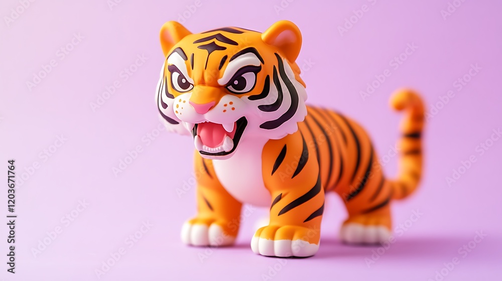 Fototapeta premium Orange tiger figurine with fierce expression on light purple background
