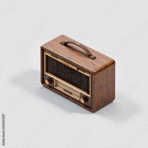 Vintage wooden radio isometric isolated on white background
