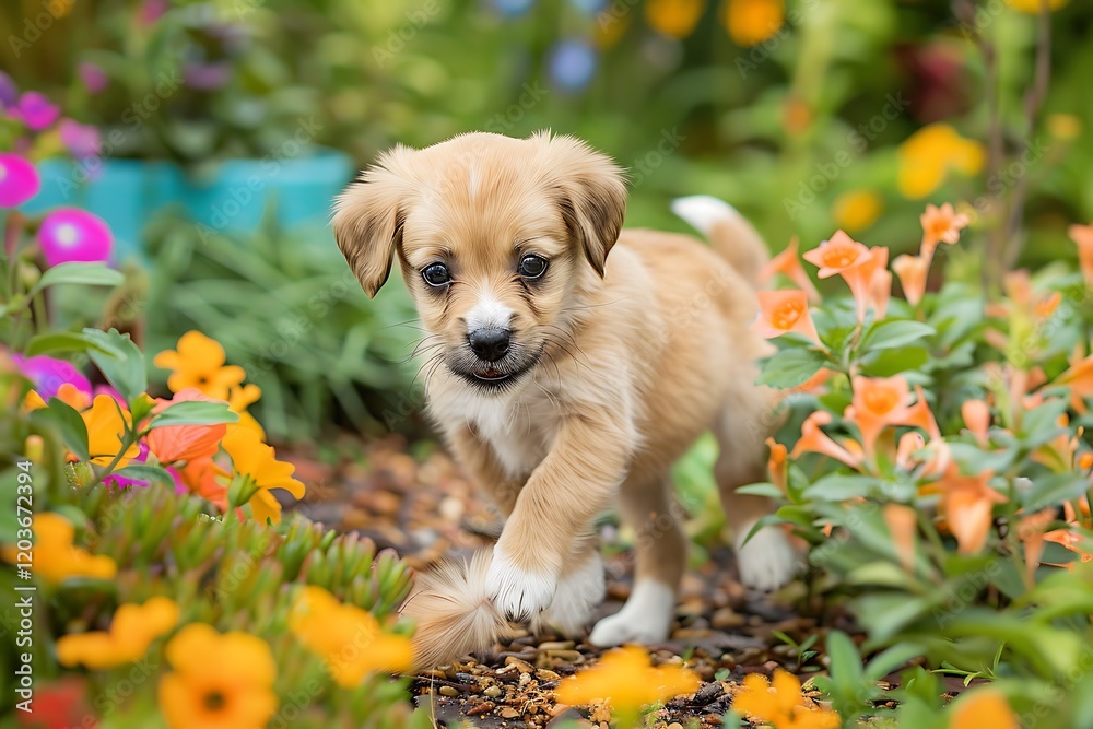 Adorable Fluffy Puppy Exploring Vibrant Spring Garden Flowers Adorable Fluffy Puppy Exploring Vibrant Spring Garden Flowers
