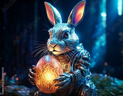 Futuristischer Roboter-Osterhase mit digitalen Ostereiern – Technologie trifft Ostern photo