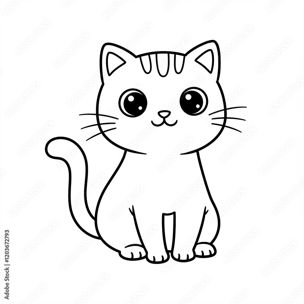 A black and white line drawing of a cartoon cat sitting with a round face and large eyes. A black and white line drawing of a cartoon cat sitting with a round face and large eyes.