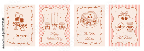 Set of vintage greeting cards for Valentine's Day in coquette style. Illustration romantic border with ribbon frame and bow in the la Dolce Vita aesthetic. Vector retro doodle hand drawn.