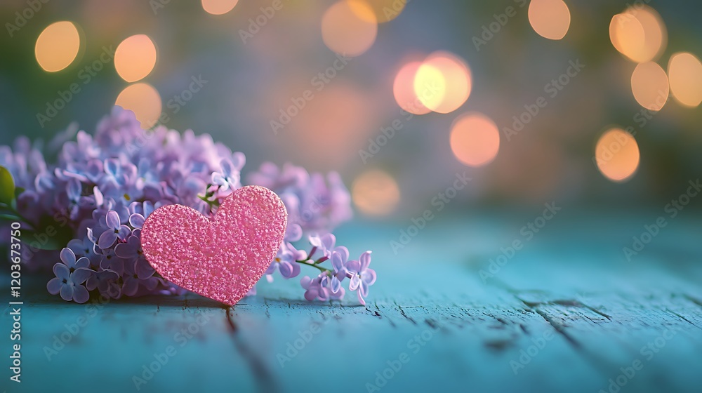 Fototapeta premium Pastel heart bokeh on lilac blooms on green wooden table