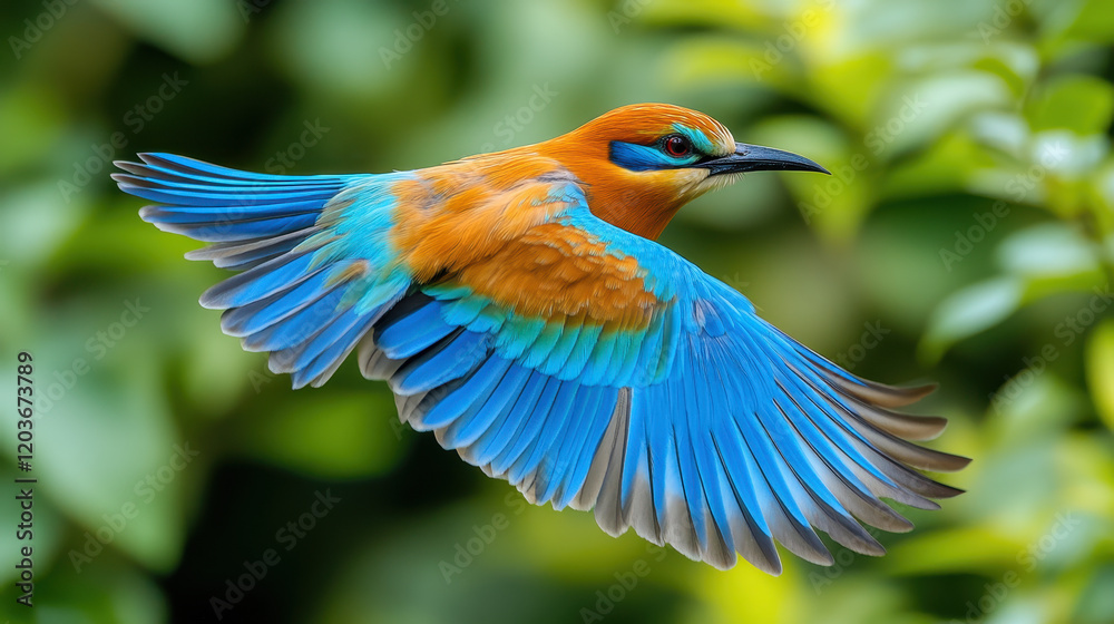 A beautifully colored bird in mid-flight, showcasing its intricate feathers and graceful wings against a lush green background, highlighting nature's beauty A beautifully colored bird in mid-flight, showcasing its intricate feathers and graceful wings against a lush green background, highlighting nature's beauty