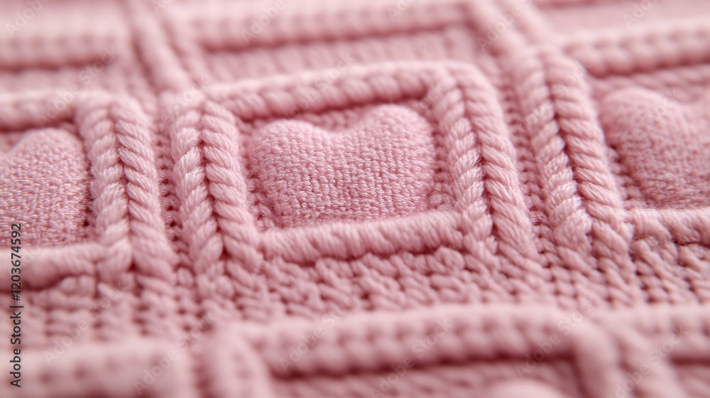 Close-up of pink knitted fabric with heart pattern. Close-up of pink knitted fabric with heart pattern.