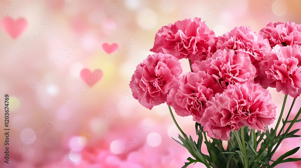 Pink carnations with heart bokeh background on room Pink carnations with heart bokeh background on room