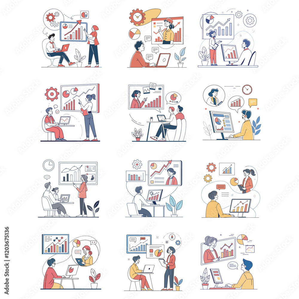 Fototapeta premium set business flat vector illustration design style concept. for graphic and web page banners. cartoon character design. team online video conference meeting. business planning. finance. data analytic