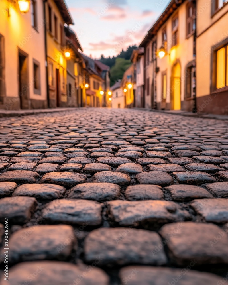 Fototapeta premium A cobblestone street illuminated by warm lights, leading through quaint buildings, creates a charming and inviting atmosphere at dusk.