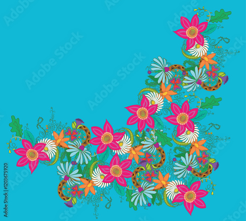 Arte Floral Vibrante em Fundo Azul - Design Decorativo e Colorido