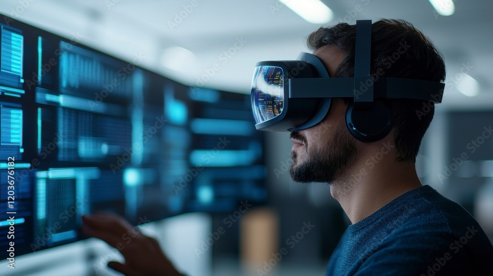 A man wearing a VR headset interacts with digital data displayed on multiple screens in a modern tech environment. A man wearing a VR headset interacts with digital data displayed on multiple screens in a modern tech environment.