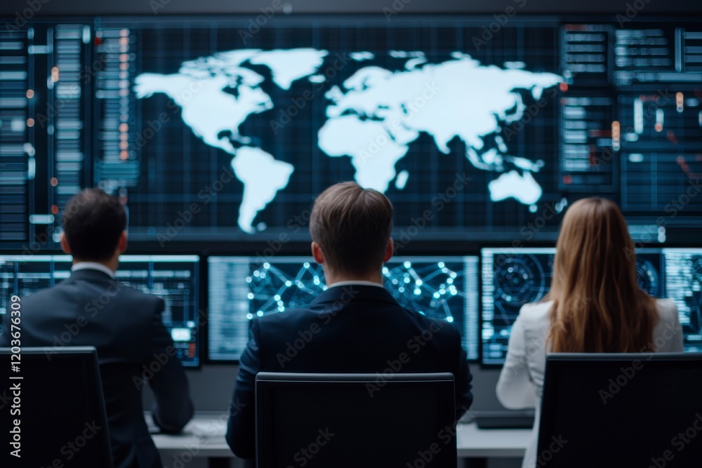 A group of professionals monitors data on large screens displaying a world map and digital information in a high-tech environment. A group of professionals monitors data on large screens displaying a world map and digital information in a high-tech environment.