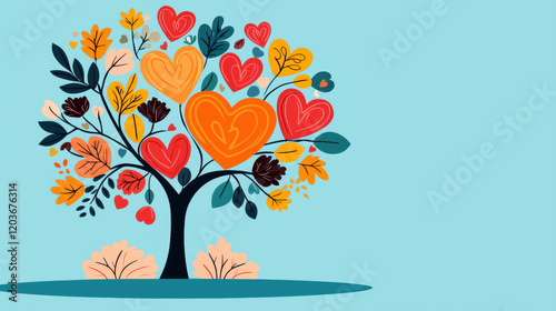Heart shaped, A vibrant tree adorned with colorful hearts and flowers set against a light blue background, symbolizing love and nature's beauty.