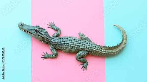 Plastic crocodile with tail wag on pink and blue background photo