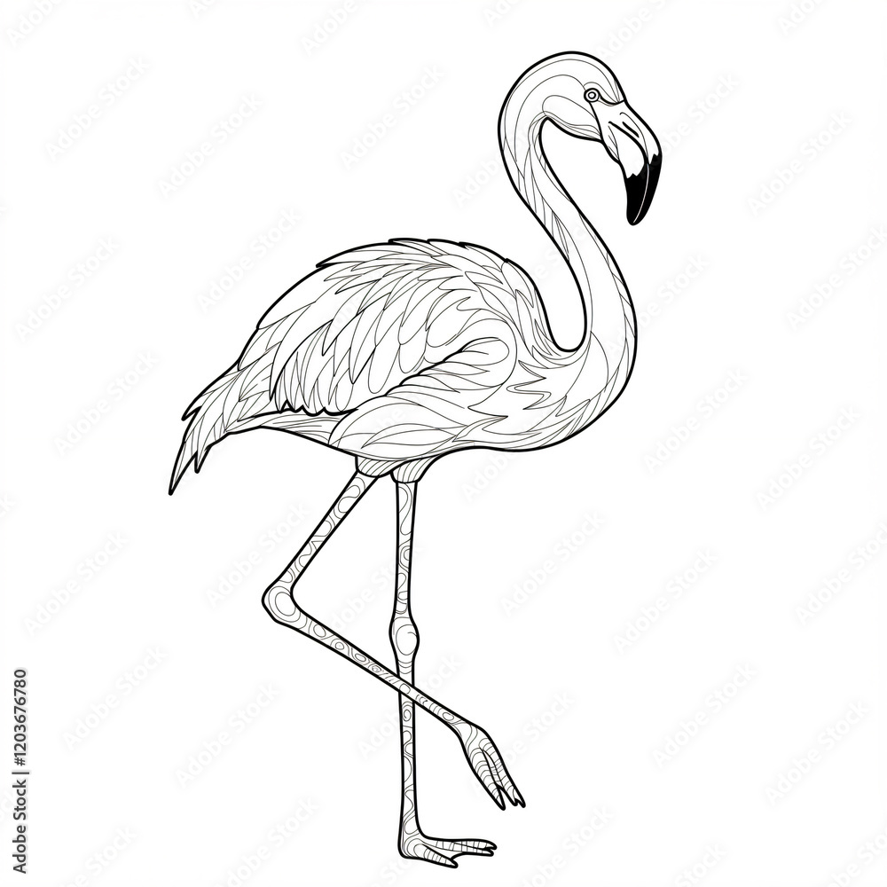 Obraz premium Black and white line drawing of a patterned flamingo with one leg raised.