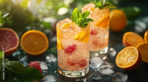 Refreshing Summer Drinks: Sparkling Citrus Raspberry Spritzers with Fresh Mint Garnish for a Cool Delight photo