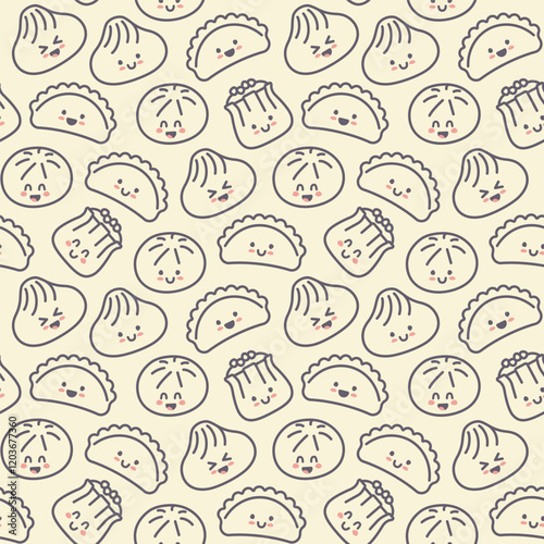 Seamless background with linear Chinese kawaii dumplings. Xiao Long Bao, Siu Mai, Baozi