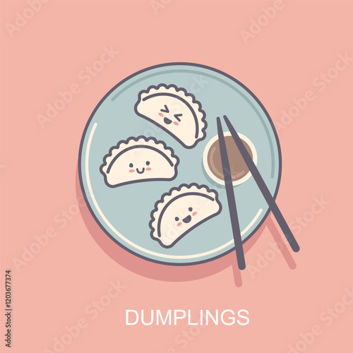 Chinese jiaozi steamed dumplings in kawaii style. Isolated vector asian food chinese gyoza illustrations with shadow