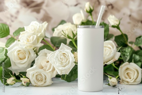 Elegant White Roses with a Minimalist Drinking Cup on a Table