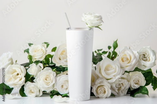 Refreshing Drink Surrounded by Elegant White Roses on a Plain Background