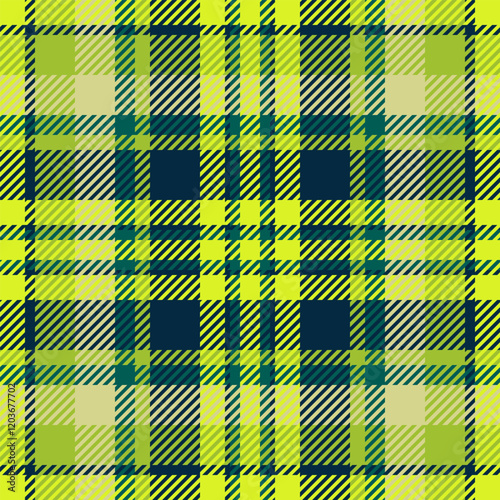 Creative pattern texture textile, wallpaper background check fabric. Hippie vector tartan plaid seamless in lime and dark colors.