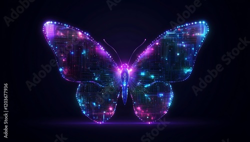A digital butterfly composed of vibrant, glowing circuitry and colorful lights.
