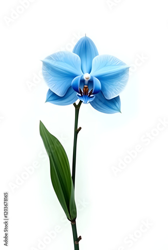 Beautiful Blue orchid and long light green leaf on white background