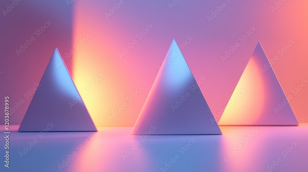 Three 3D Rendered Pyramids with Soft Gradient Light, Minimalist Abstract Composition. Three 3D Rendered Pyramids with Soft Gradient Light, Minimalist Abstract Composition.
