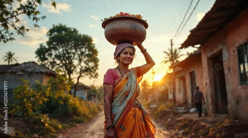 Rural Woman Carrying Clay Pot at Sunset in a Traditional Village